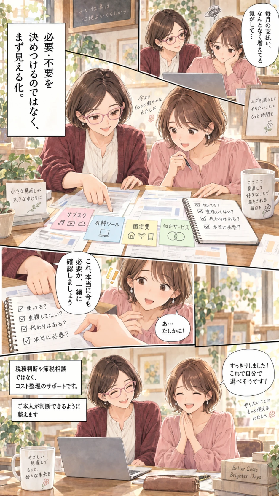 毎月の支払いが増えていると相談する女性。薄ピンクのメガネの担当者と、サブスク・有料ツール・固定費・似たサービスを整理します。使っているか、重複していないか、本当に必要かを確かめ、最後はご本人が納得して選べるようになる漫画。税務判断や節税相談ではなく、コスト整理のサポートです。