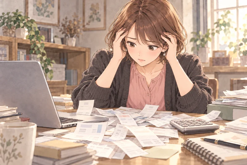 領収書と帳簿を前に、眉をひそめて困っている個人事業主の女性。
