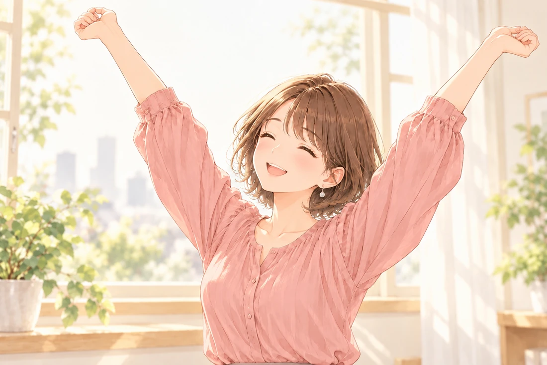 アイボリーの明るい窓辺で、ほっとした表情で両腕を上に伸ばす女性。