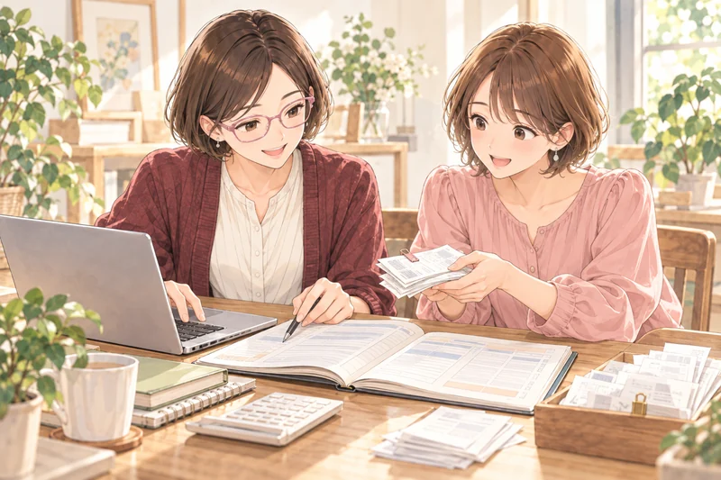 資料を渡して、サポート担当者に帳簿入力を任せる様子。