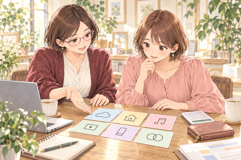 今の状況と必要な作業について、サポート担当者と一緒に考える二人の女性。
