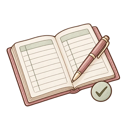 帳簿とペン、確認のチェックを描いた手書きアイコン。