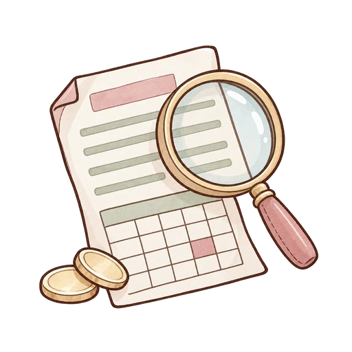 毎月の支払いを虫眼鏡で確かめる手書きアイコン。