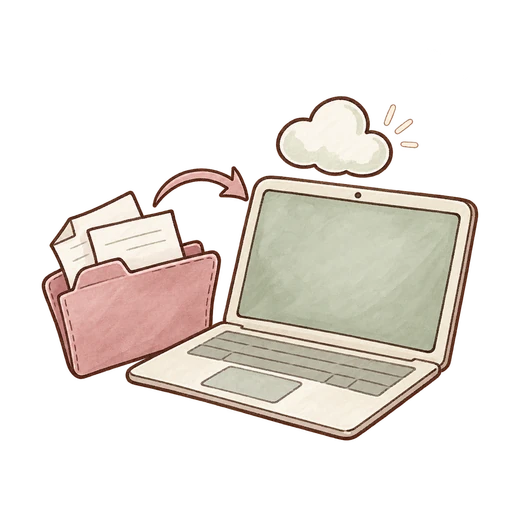 書類をパソコンにまとめる手書きアイコン。